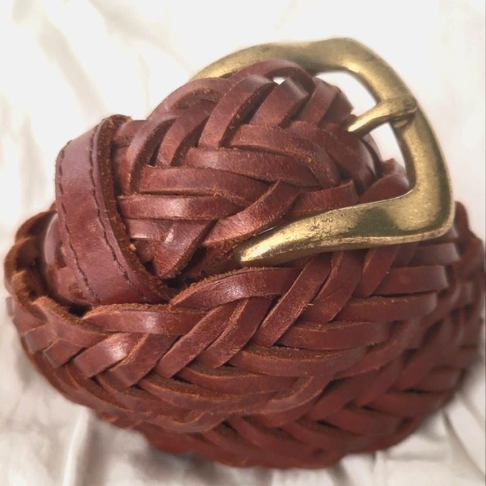 Braided Woven Leather Belt With Brass Hardware
